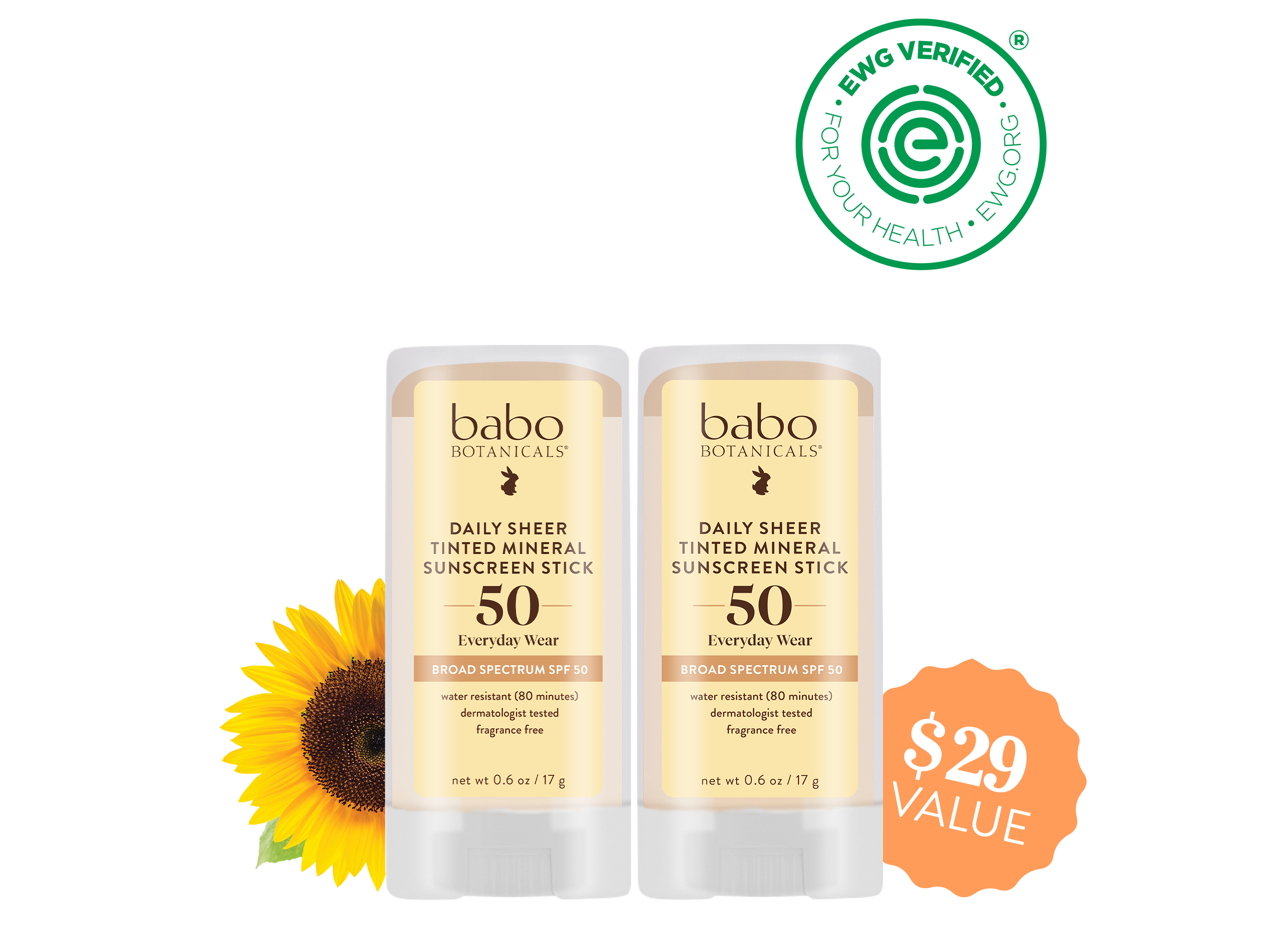 Babo Botanicals- Daily sheer tinted mineral sunscreen stick spf50 duo- $29 value