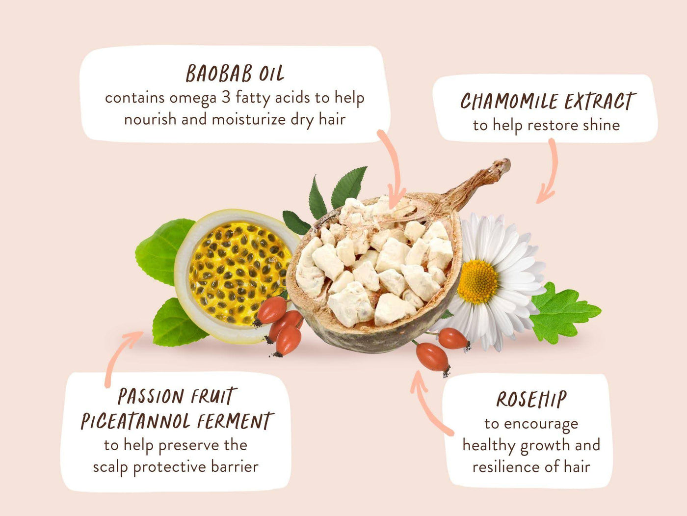 Babo Botanicals-Baobab Oil Contains Omega 3 fatty acids to help nourish and moisturize dry hair. Rosehip to encourage healthy growth and resilience of hair. Passion fruit Piceatannol ferment to help preserve the scalp protective barrier. Chamomile Extract to help restore shine