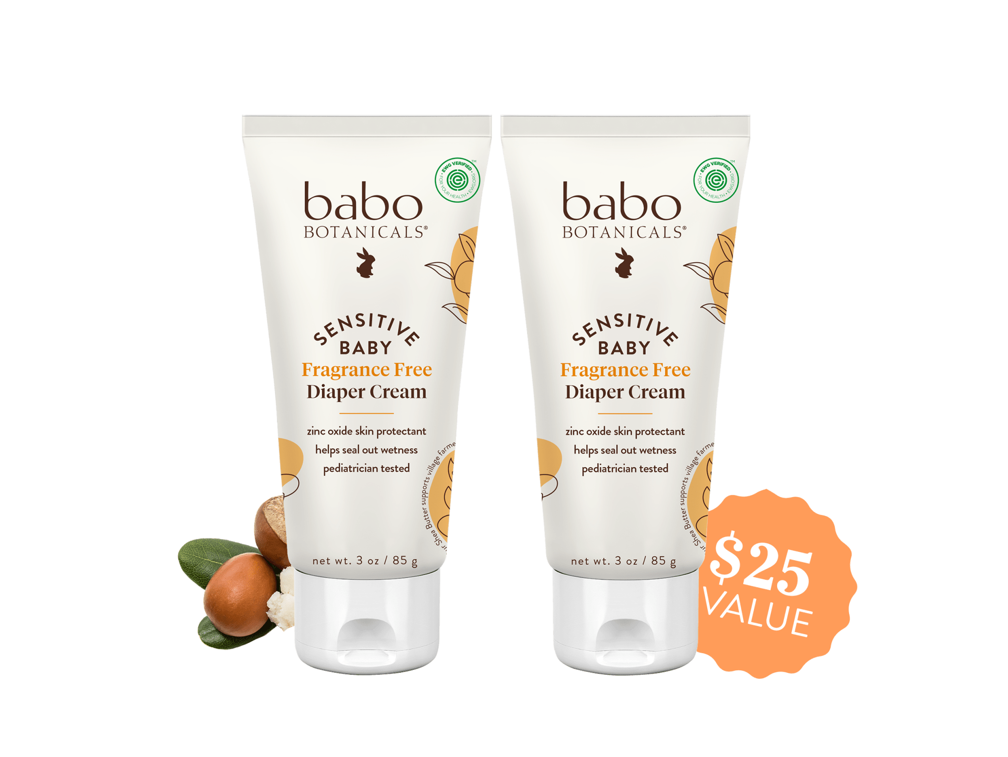 Sensitive Baby Fragrance-Free Zinc Diaper Rash Cream Duo - Babo Botanicals- $25 value 
